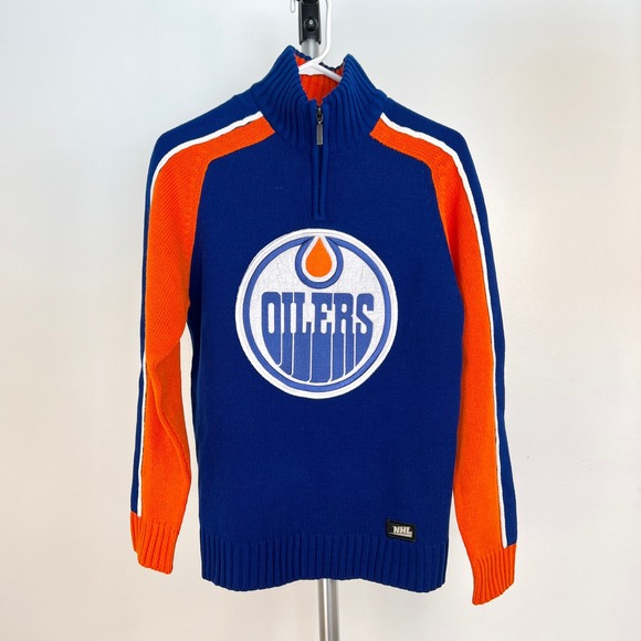 NHL Sweaters - NHL Edmonton Oilers Womens Quarter Zip Pullover Sweater Blue Orange Knit Sz S